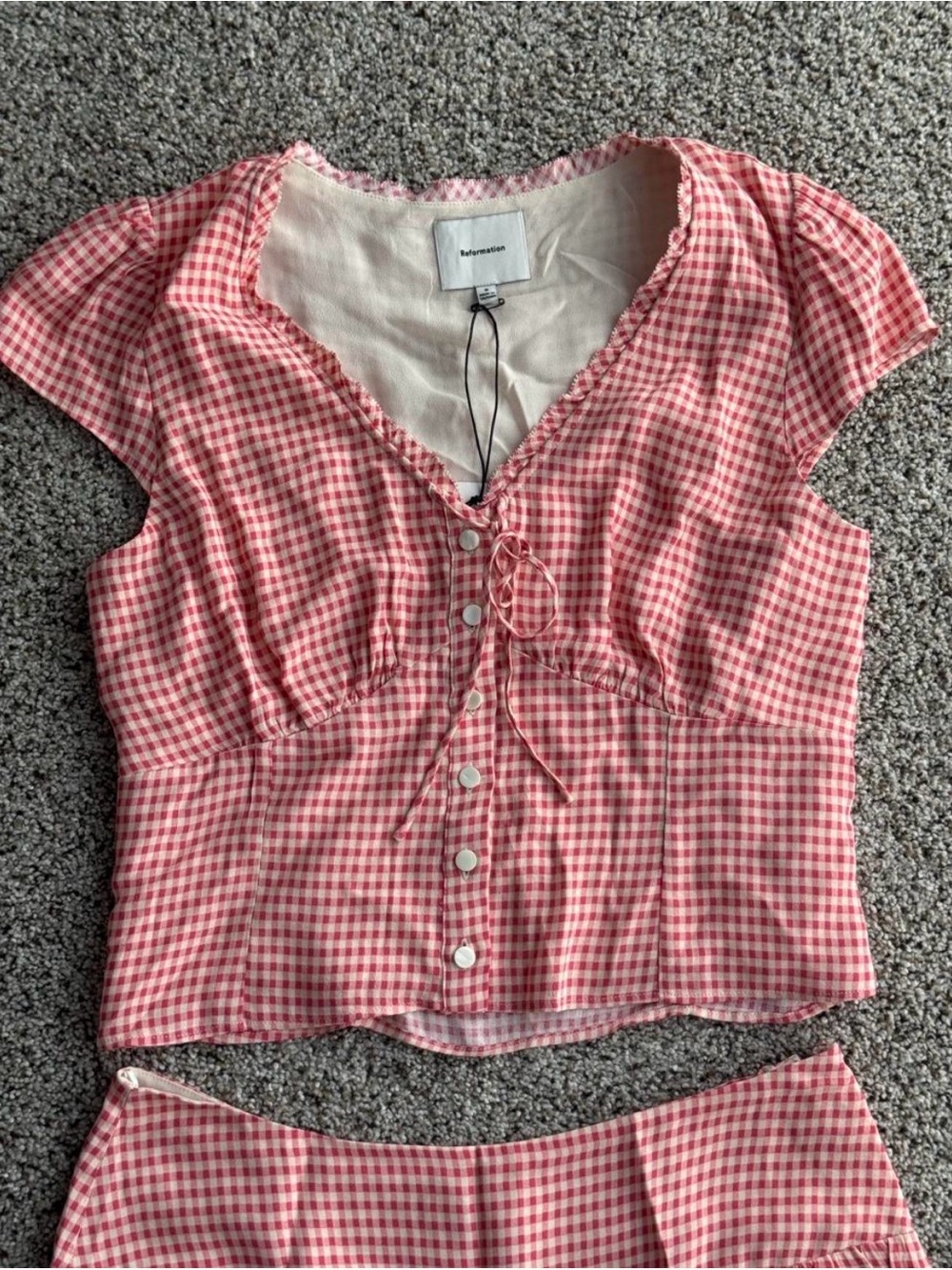 Reformation Pink Dorothea Two-Piece Button Front Top and Skirt - Picture 2 of 3